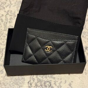CHANEL Black Quilted Leather Card Holder with Gold Logo